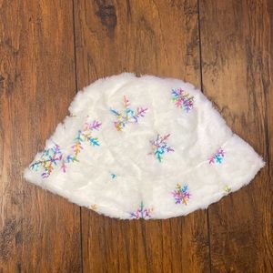 Faux Fur Rainbow Sequin Snowflake Bucket Hat